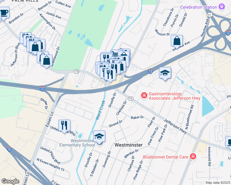 map of restaurants, bars, coffee shops, grocery stores, and more near 2424 Drusilla Drive in Baton Rouge