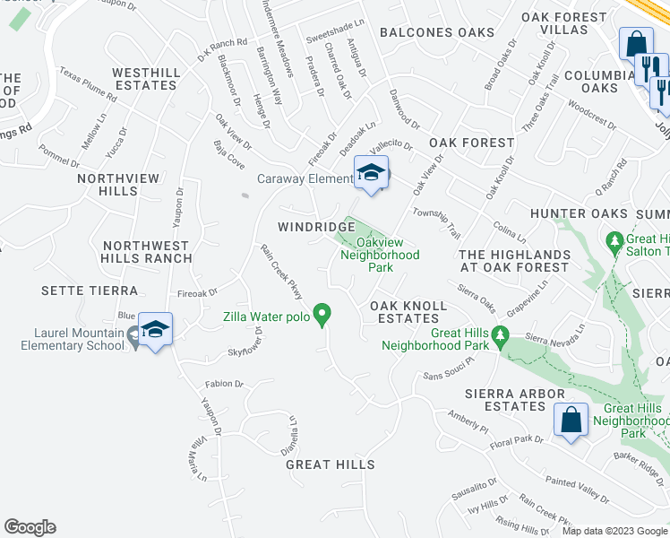 map of restaurants, bars, coffee shops, grocery stores, and more near 10705 Windridge Drive in Austin
