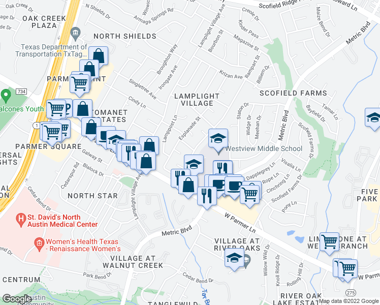 map of restaurants, bars, coffee shops, grocery stores, and more near 1901 Mirabeau Street in Austin