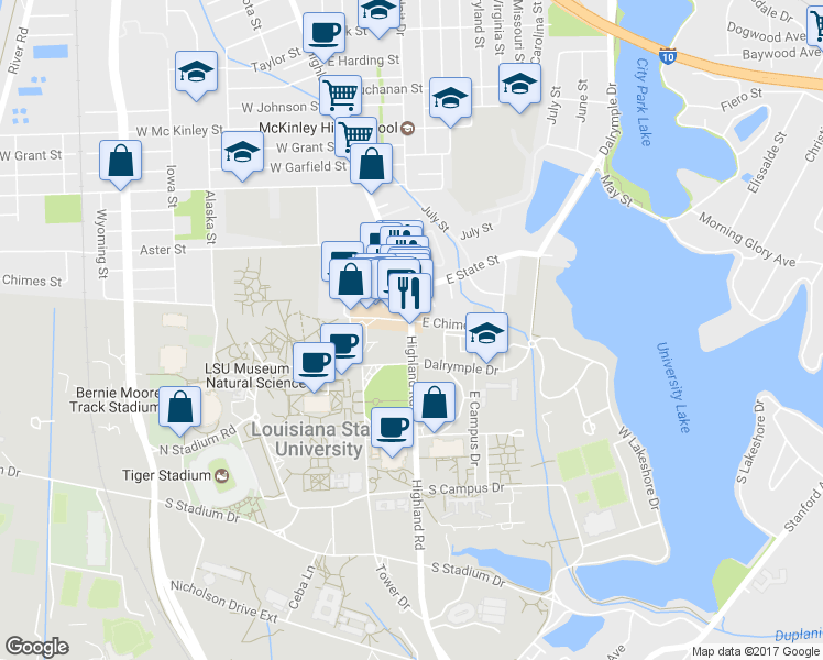 map of restaurants, bars, coffee shops, grocery stores, and more near 3800 Highland Road in Baton Rouge