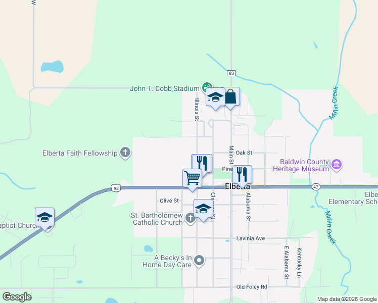 map of restaurants, bars, coffee shops, grocery stores, and more near 13163-13171 Illinois Street in Elberta