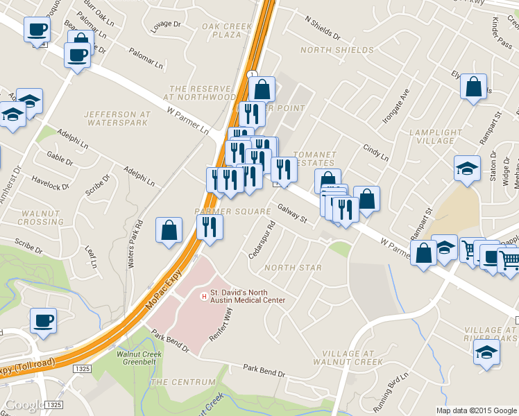map of restaurants, bars, coffee shops, grocery stores, and more near 12350 Tomanet Trail in Austin