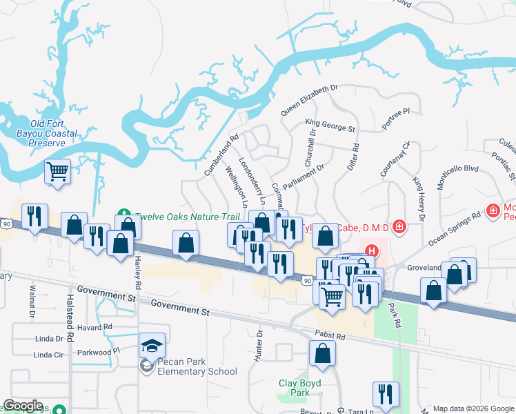 map of restaurants, bars, coffee shops, grocery stores, and more near 1205 Londonderry Lane in Ocean Springs