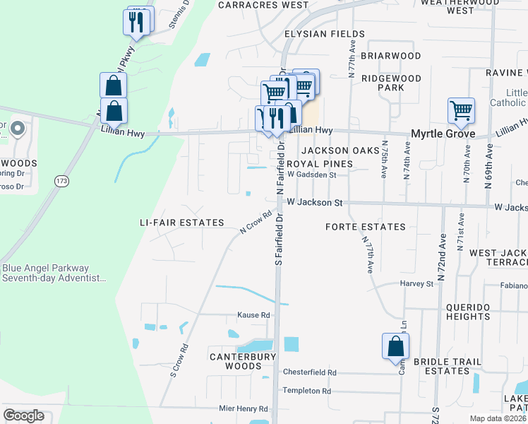 map of restaurants, bars, coffee shops, grocery stores, and more near 603 North Crow Road in Pensacola