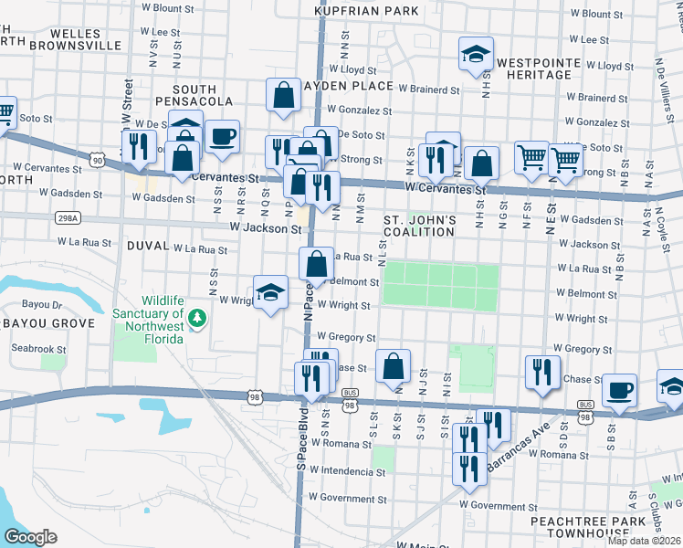 map of restaurants, bars, coffee shops, grocery stores, and more near 1910 West Belmont Street in Pensacola