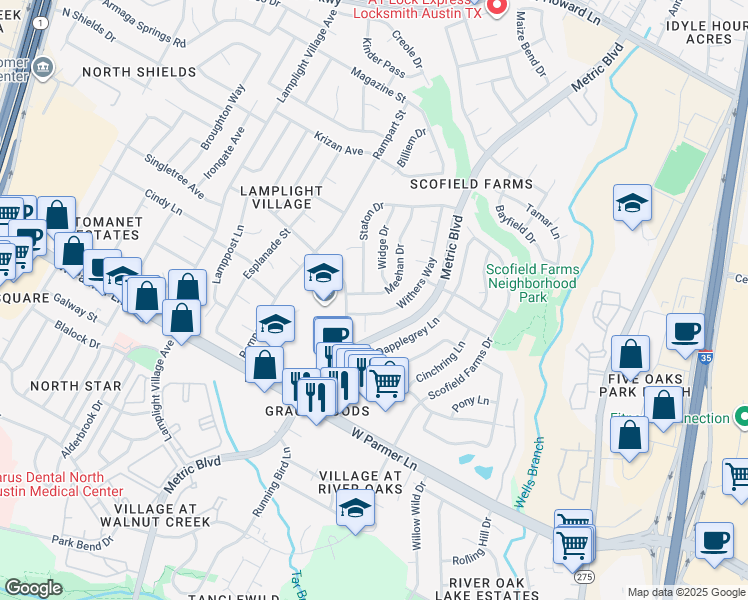 map of restaurants, bars, coffee shops, grocery stores, and more near 12807 Meehan Drive in Austin