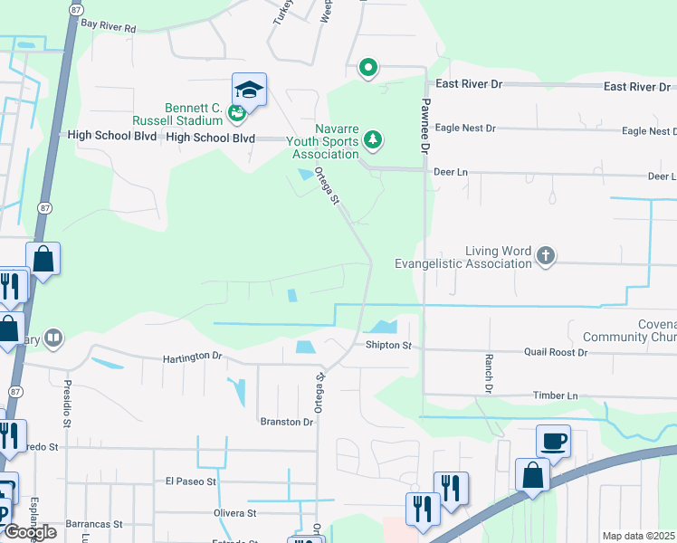 map of restaurants, bars, coffee shops, grocery stores, and more near 8263 Cosica Boulevard in Navarre