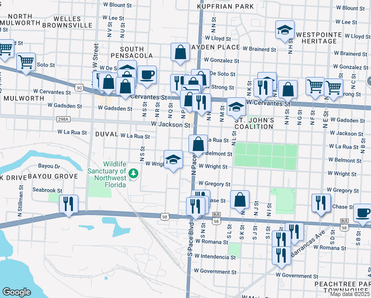 map of restaurants, bars, coffee shops, grocery stores, and more near 2160 West Belmont Street in Pensacola