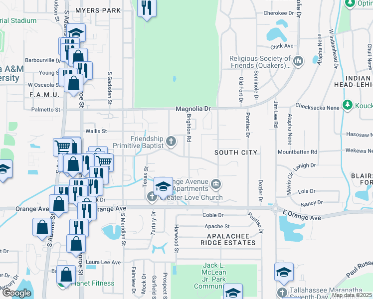 map of restaurants, bars, coffee shops, grocery stores, and more near 2445 King Street in Tallahassee