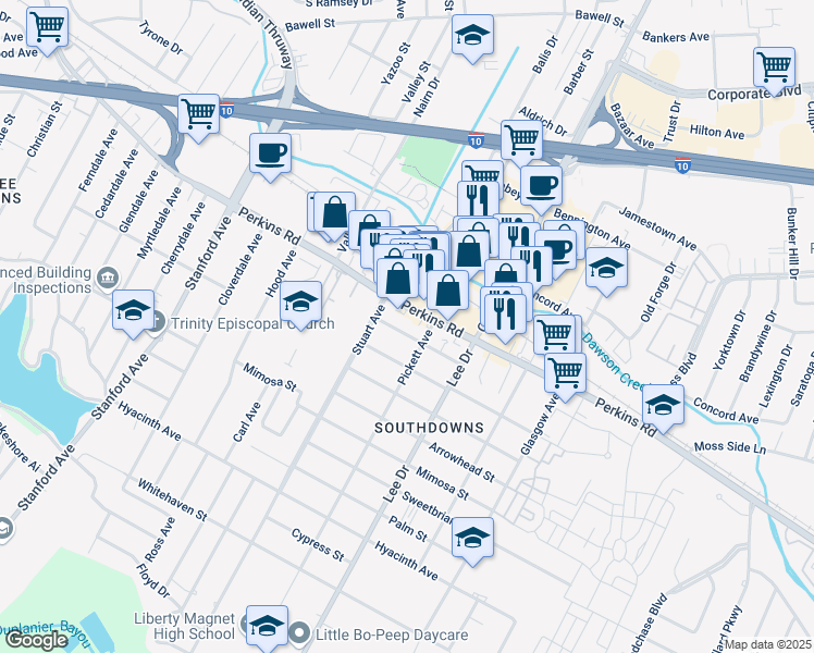 map of restaurants, bars, coffee shops, grocery stores, and more near 4309 Poplar Street in Baton Rouge