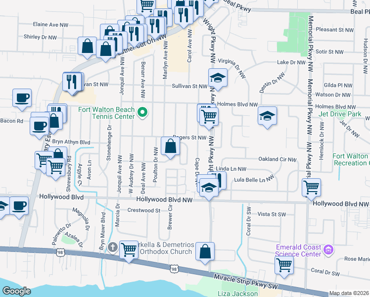 map of restaurants, bars, coffee shops, grocery stores, and more near 390 Canterbury Cir NW in Fort Walton Beach