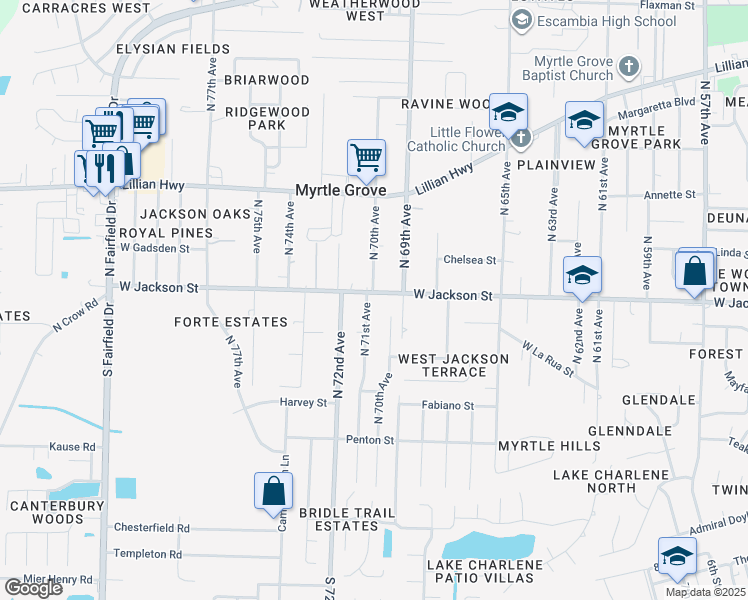 map of restaurants, bars, coffee shops, grocery stores, and more near 6915 West Jackson Street in Pensacola