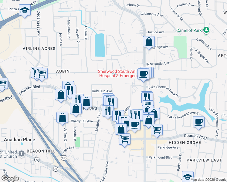 map of restaurants, bars, coffee shops, grocery stores, and more near 3913 Secretariat Drive in Baton Rouge