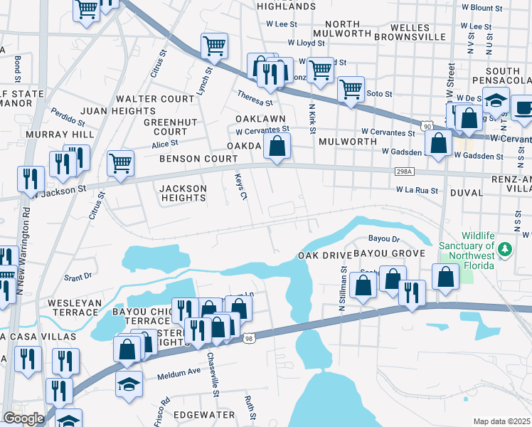 map of restaurants, bars, coffee shops, grocery stores, and more near 3766 Frontera Circle in Pensacola