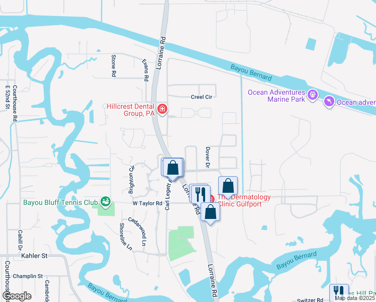 map of restaurants, bars, coffee shops, grocery stores, and more near 21 Pembrook Circle in Gulfport