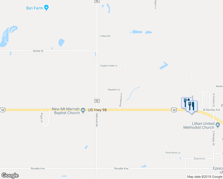 map of restaurants, bars, coffee shops, grocery stores, and more near 33106 Meadow Lane in Lillian