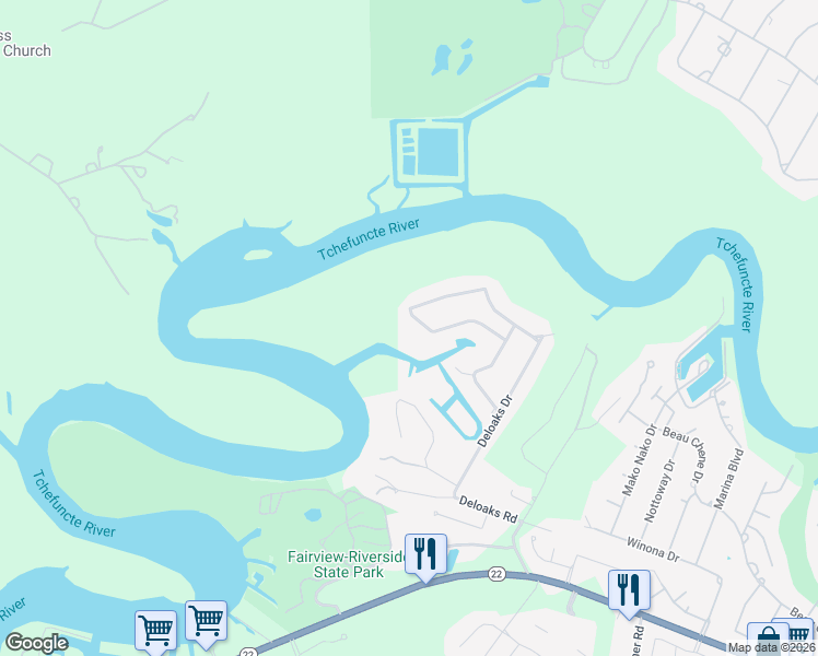 map of restaurants, bars, coffee shops, grocery stores, and more near 96 Bayou Perez Drive in Madisonville