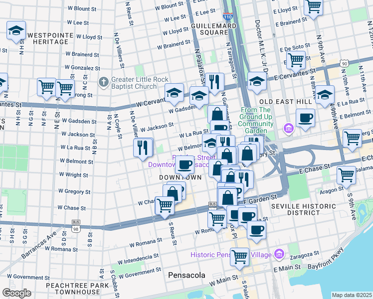 map of restaurants, bars, coffee shops, grocery stores, and more near 127 W Belmont St in Pensacola
