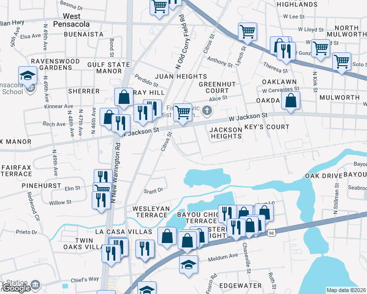 map of restaurants, bars, coffee shops, grocery stores, and more near 4233 Gaffney Street in Pensacola