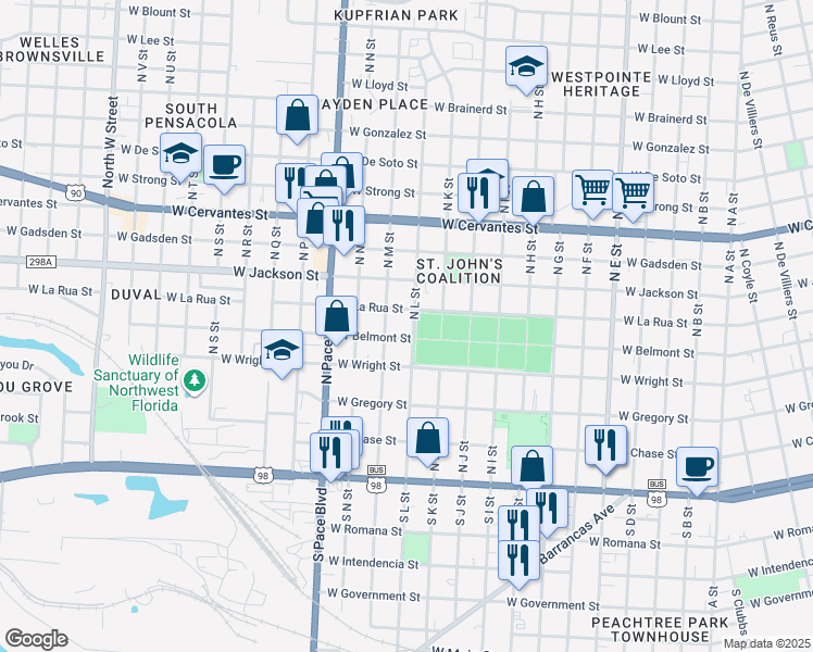 map of restaurants, bars, coffee shops, grocery stores, and more near 411 North L Street in Pensacola