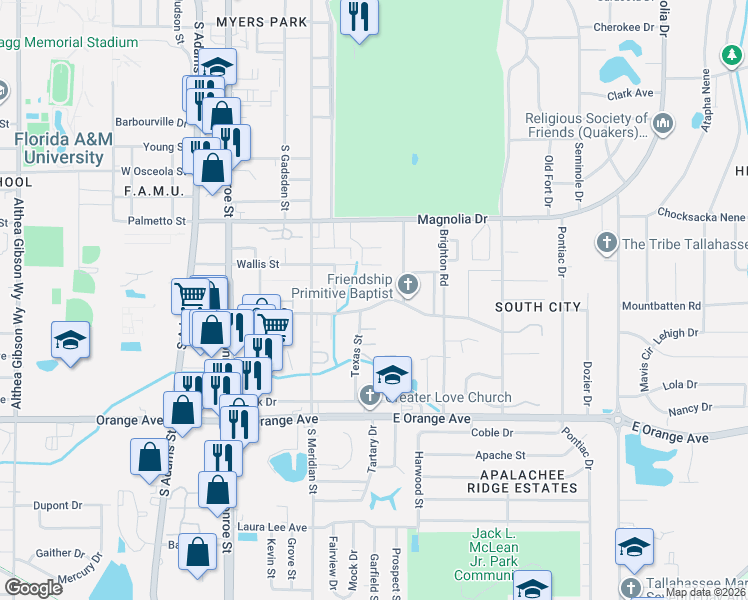 map of restaurants, bars, coffee shops, grocery stores, and more near 608 Putnam Drive in Tallahassee