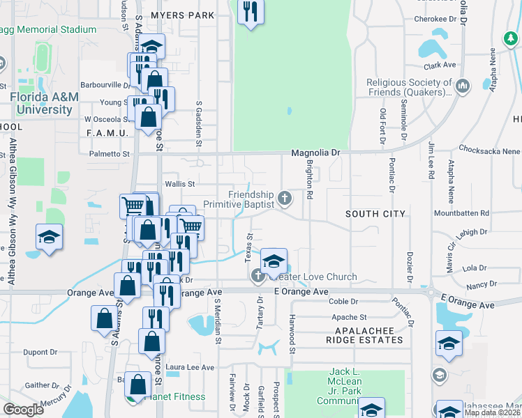 map of restaurants, bars, coffee shops, grocery stores, and more near 608 Putnam Drive in Tallahassee
