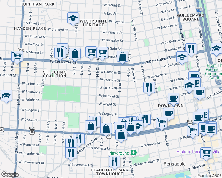 map of restaurants, bars, coffee shops, grocery stores, and more near 422 North C Street in Pensacola