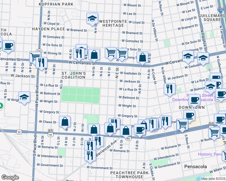 map of restaurants, bars, coffee shops, grocery stores, and more near 1113 West La Rua Street in Pensacola