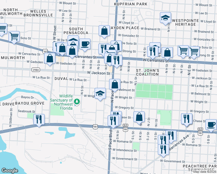 map of restaurants, bars, coffee shops, grocery stores, and more near 400 U.S. 98 in Pensacola