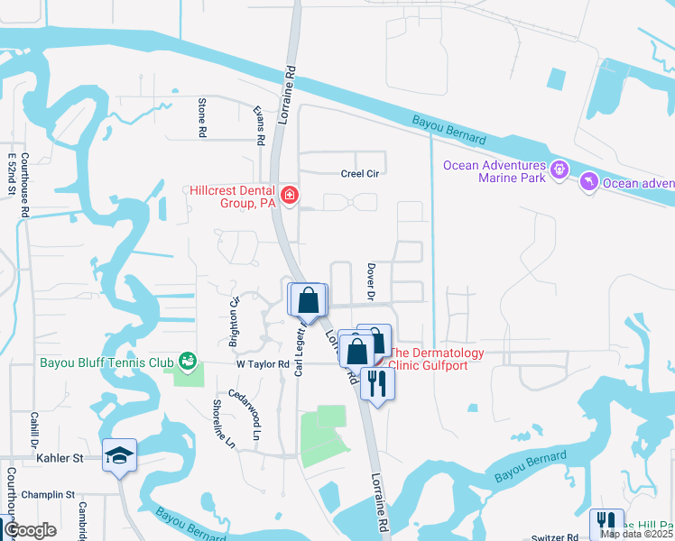 map of restaurants, bars, coffee shops, grocery stores, and more near 21-23 Pembrook Circle in Gulfport