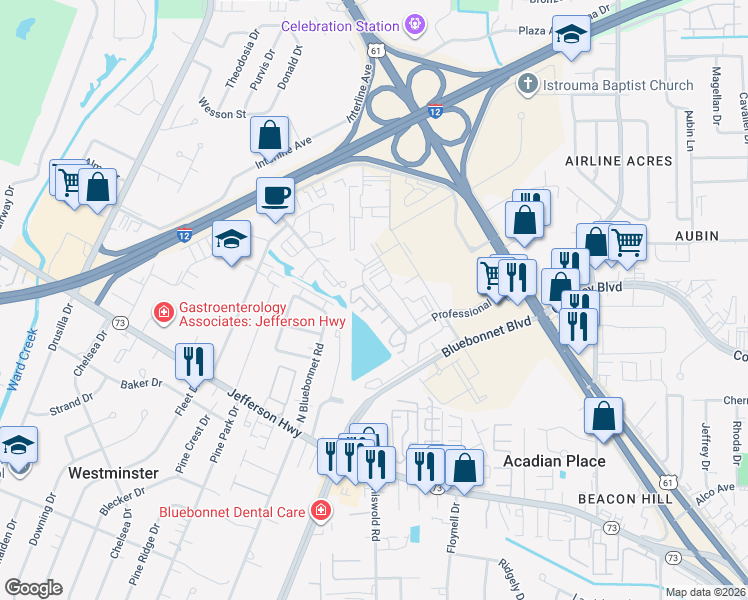 map of restaurants, bars, coffee shops, grocery stores, and more near 10298 North Winston Avenue in Baton Rouge