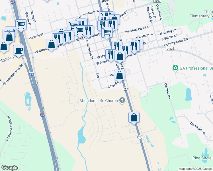 map of restaurants, bars, coffee shops, grocery stores, and more near 134 South Bend Drive in Willis