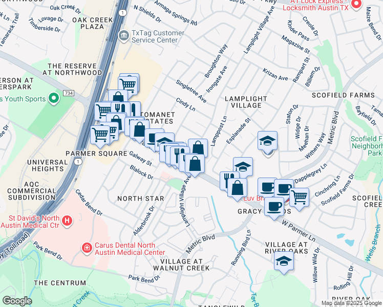 map of restaurants, bars, coffee shops, grocery stores, and more near 2104 Lamplight Village Circle in Austin