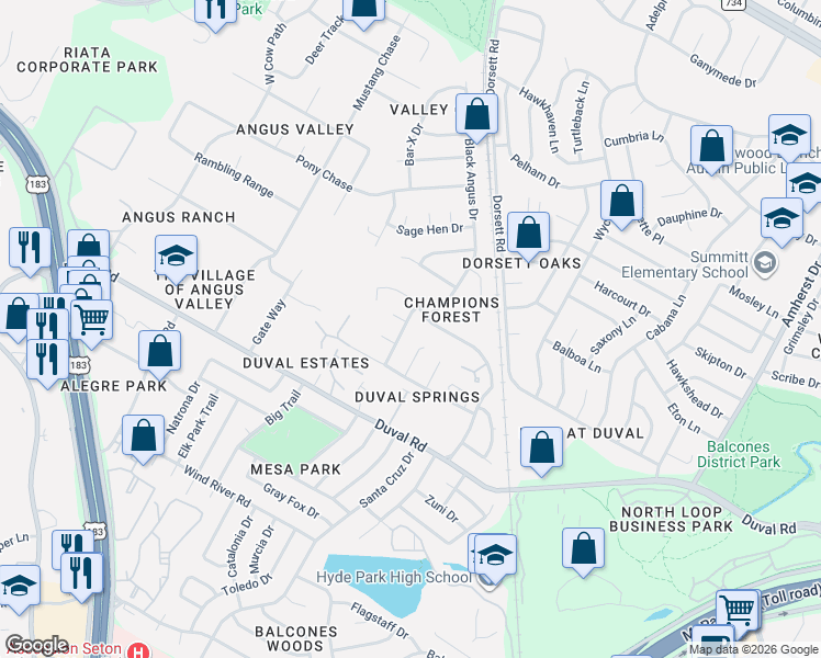 map of restaurants, bars, coffee shops, grocery stores, and more near 4705 Whispering Valley Drive in Austin