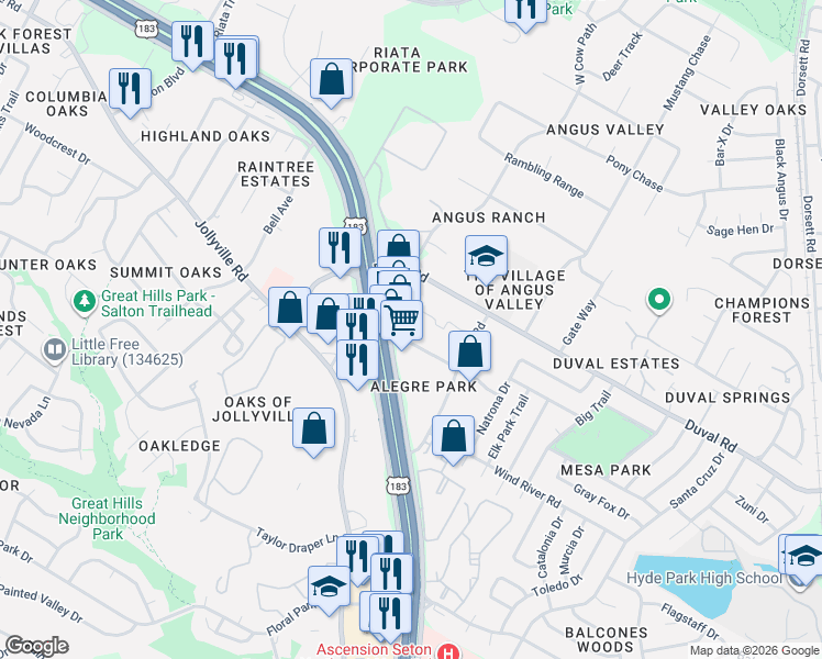 map of restaurants, bars, coffee shops, grocery stores, and more near 5230 Thunder Creek Road in Austin