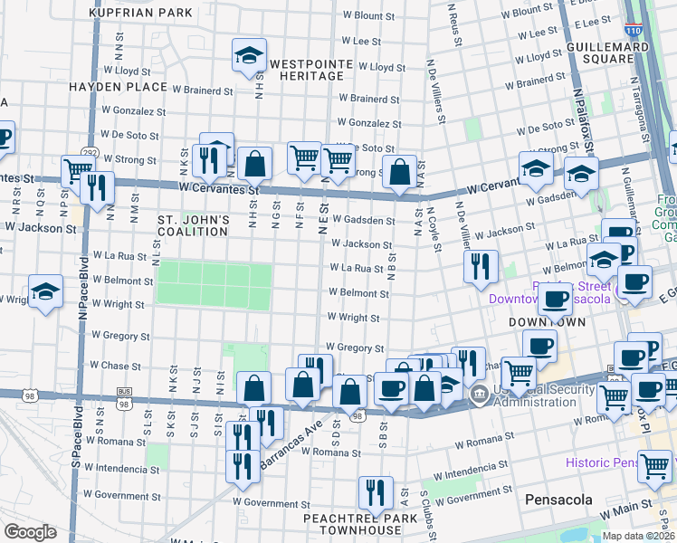 map of restaurants, bars, coffee shops, grocery stores, and more near 1005 West La Rua Street in Pensacola