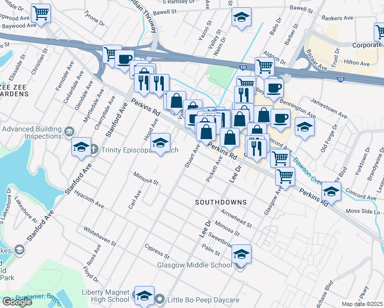 map of restaurants, bars, coffee shops, grocery stores, and more near 2235 Stuart Avenue in Baton Rouge