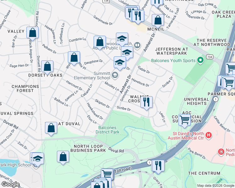 map of restaurants, bars, coffee shops, grocery stores, and more near 3813 Cologne Lane in Austin