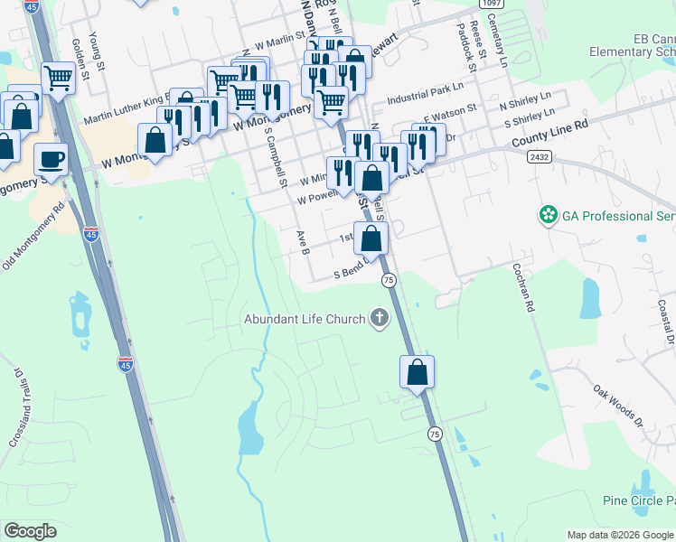 map of restaurants, bars, coffee shops, grocery stores, and more near 134 South Bend Drive in Willis