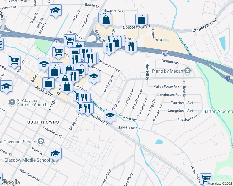 map of restaurants, bars, coffee shops, grocery stores, and more near 3030 Congress Boulevard in Baton Rouge