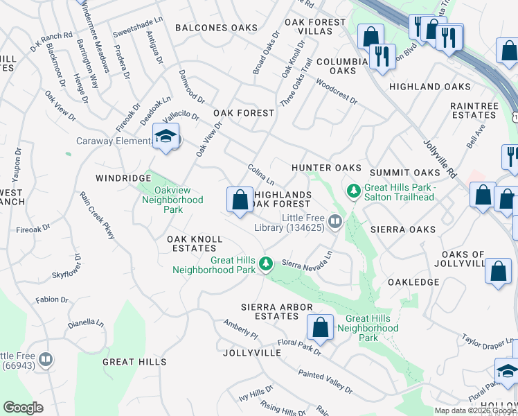 map of restaurants, bars, coffee shops, grocery stores, and more near 11102 Heron Cove in Austin