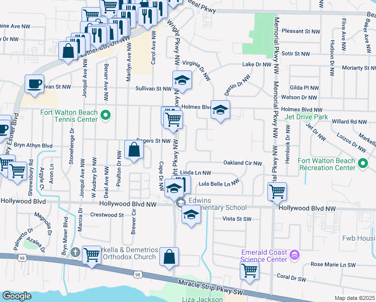 map of restaurants, bars, coffee shops, grocery stores, and more near 27 Olde Cypress Circle Northwest in Fort Walton Beach