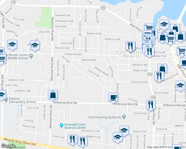 map of restaurants, bars, coffee shops, grocery stores, and more near 130 Loizos Drive Northwest in Fort Walton Beach