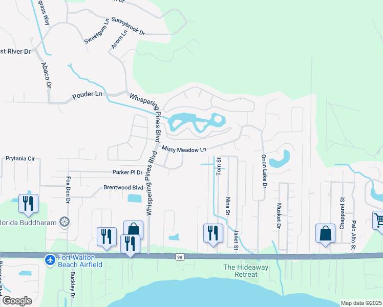 map of restaurants, bars, coffee shops, grocery stores, and more near 9685 Misty Meadow Lane in Navarre