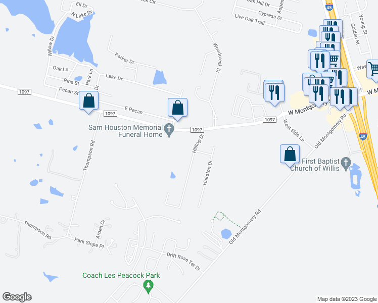 map of restaurants, bars, coffee shops, grocery stores, and more near 12195 Hilltop Drive in Willis