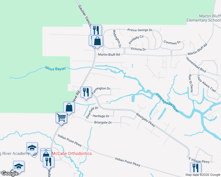 map of restaurants, bars, coffee shops, grocery stores, and more near 2301 Farmington Drive in Gautier