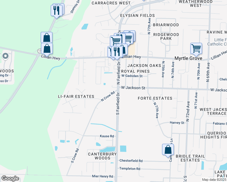 map of restaurants, bars, coffee shops, grocery stores, and more near 603 North Crow Road in Pensacola