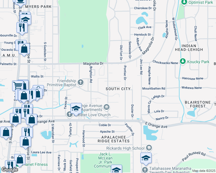 map of restaurants, bars, coffee shops, grocery stores, and more near 900 Ashburn Drive in Tallahassee