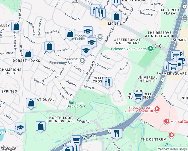 map of restaurants, bars, coffee shops, grocery stores, and more near 3608 Tyrone Drive in Austin
