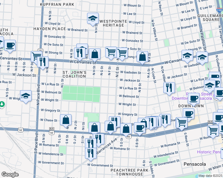 map of restaurants, bars, coffee shops, grocery stores, and more near 1113 West La Rua Street in Pensacola